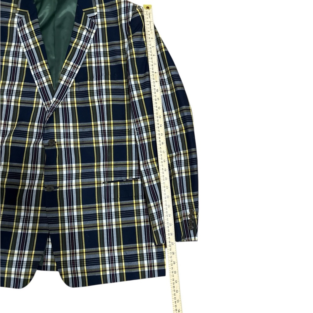 Saddlebred Navy, Yellow Tartan Plaid Sport Coat 46L - Picture 4 of 9